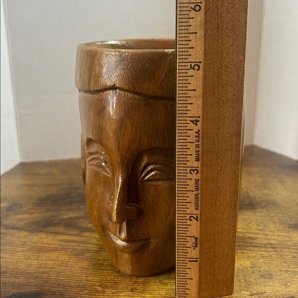 Tiki Type Inspired Wooden Carved Mug Boho Tribal Face Handle Vintage Bar Cup Mug - Picture 6 of 12